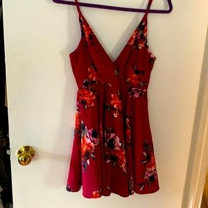 Floral burgundy mini dress.